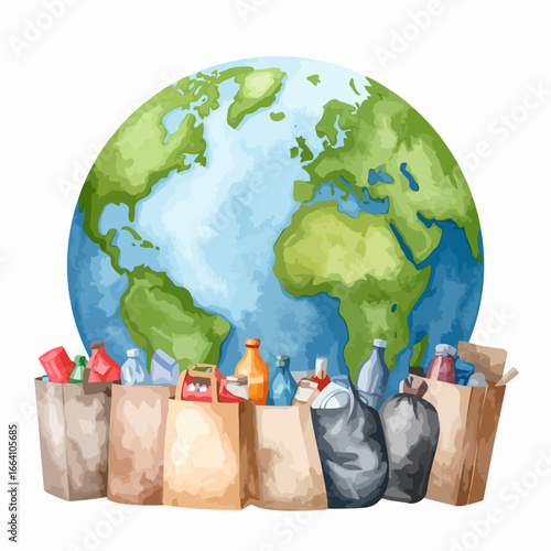 Watercolor Earth Globe with Trash Bags and Paper Bags Illustration