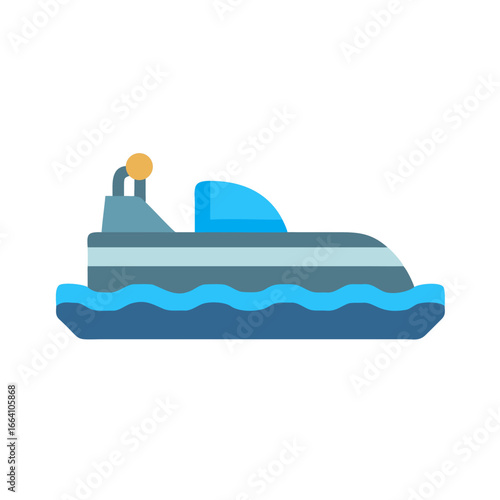 Flat graphic vector illustration of a blue motorboat sailing on water
