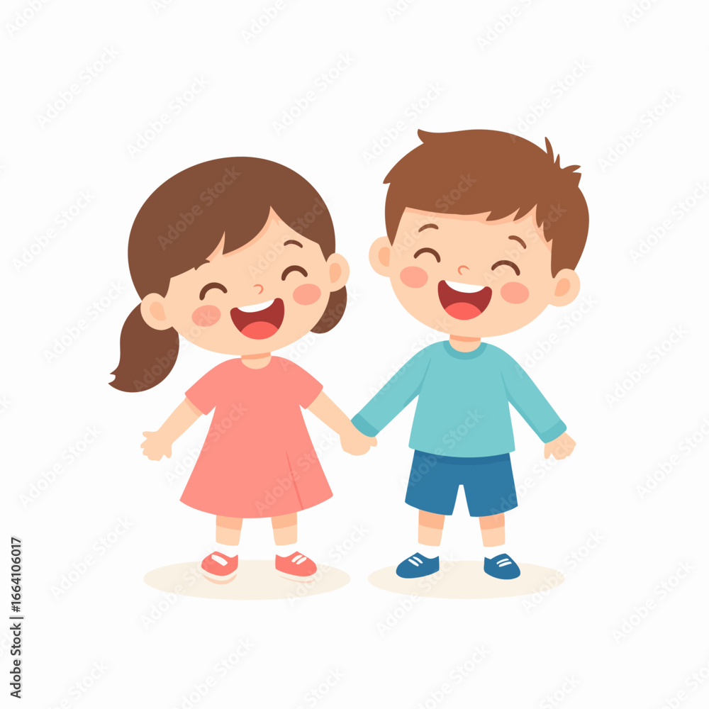 Joyful Girl and Boy Holding Hands, Cartoon Illustration