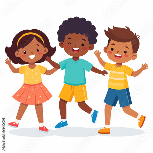 Cheerful group of diverse cartoon children walking and smiling together in colorful outfits.