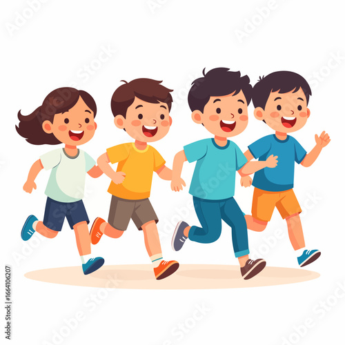 A joyful group of four diverse cartoon children running together with happy expressions, wearing colorful casual clothes.