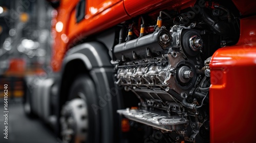 High-quality photo of disassembled truck engine in repair service. Heavy machinery, diesel motor vehicle part close-up. Red truck blurred background. Maintenance, repair.
