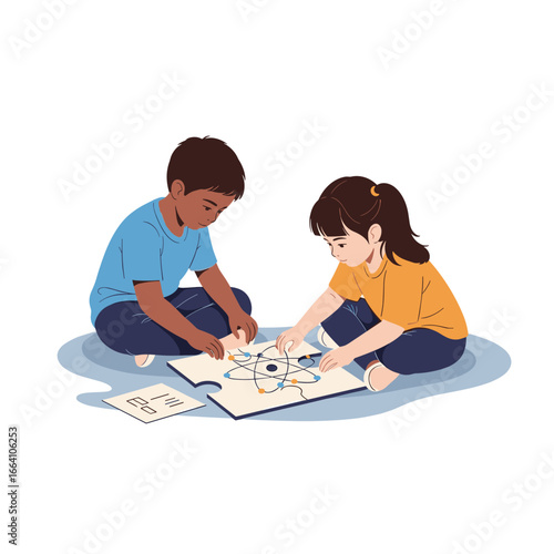 Two diverse young children collaborating on a complex puzzle together learning and developing problem solving skills in a fun and engaging educational activity