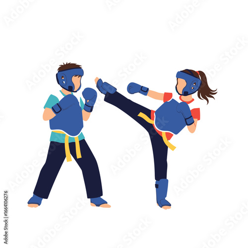 Two young martial arts students engage in a sparring match demonstrating striking techniques in a sports competition