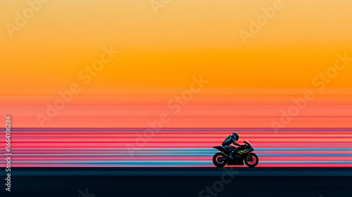 A lone motorcyclist speeds across a color-streaked horizon; an abstract sunset scene