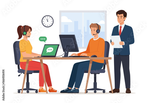 Vector art of customer service team working together in a call center office, with one person standing and observing
