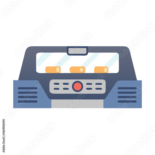 Retro futuristic device panel with lights and buttons on a black background