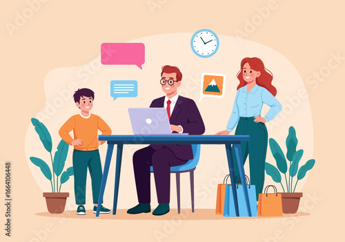 Vector art of a father works on his laptop at a table while his wife and son stand nearby, symbolizing family worklife balance and modern home office collaboration