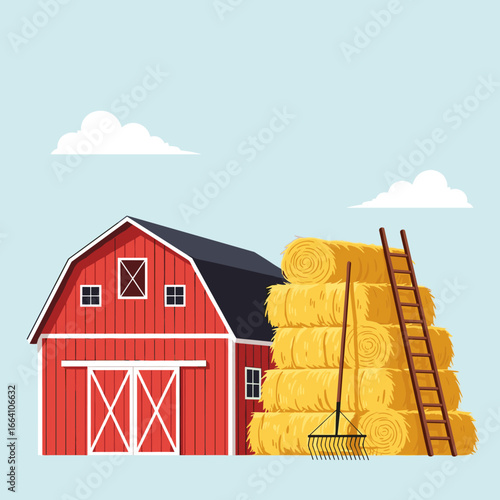 A classic red barn with a large stack of hay bales and a ladder ready for harvesting season on a clear day
