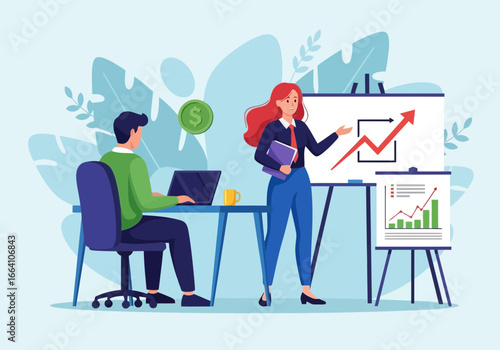 Vector art of business meeting with a woman presenting a growth chart to a man working on a laptop in an office setting, symbolizing financial success and teamwork