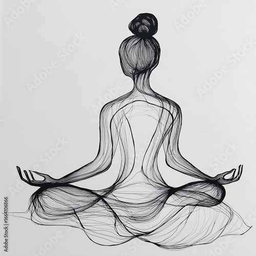 A single continuous line drawing of a meditating person, minimalist spiritual art, soft flow, black and white contrast --quality 