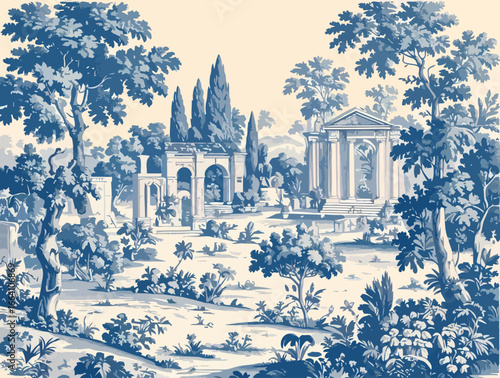 Blue and Cream Painted Garden Scene with Classical Ruins