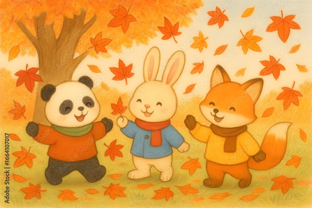 Naklejka premium Little Friends on an Autumn Picnic