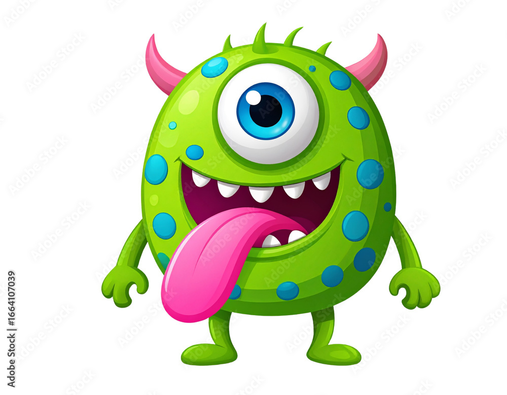 Fototapeta premium One-Legged Spotted Green Monster with Long Tongue, Side View, Colorful Creature PNG
