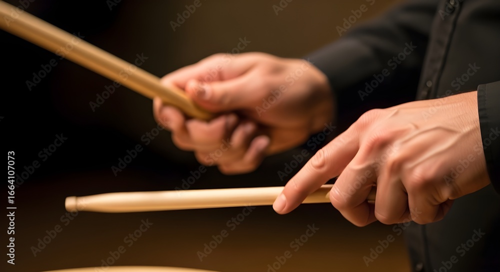 Fototapeta premium Close-up of hands playing drums with wooden sticks, focused on the drummer's technique.