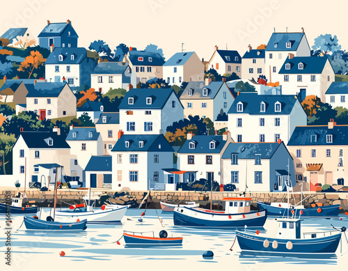 Colorful Coastal Town with Fishing Boats and Houses