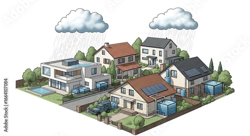 Illustrated Suburban Neighborhood with Cloudy Sky.