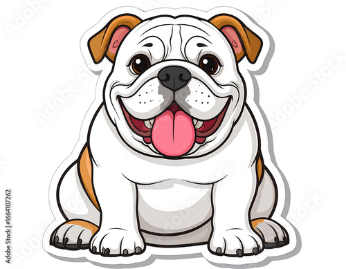 Adorable White English Bulldog Sitting with Tongue Out, Front View Sticker, on Transparent Background
