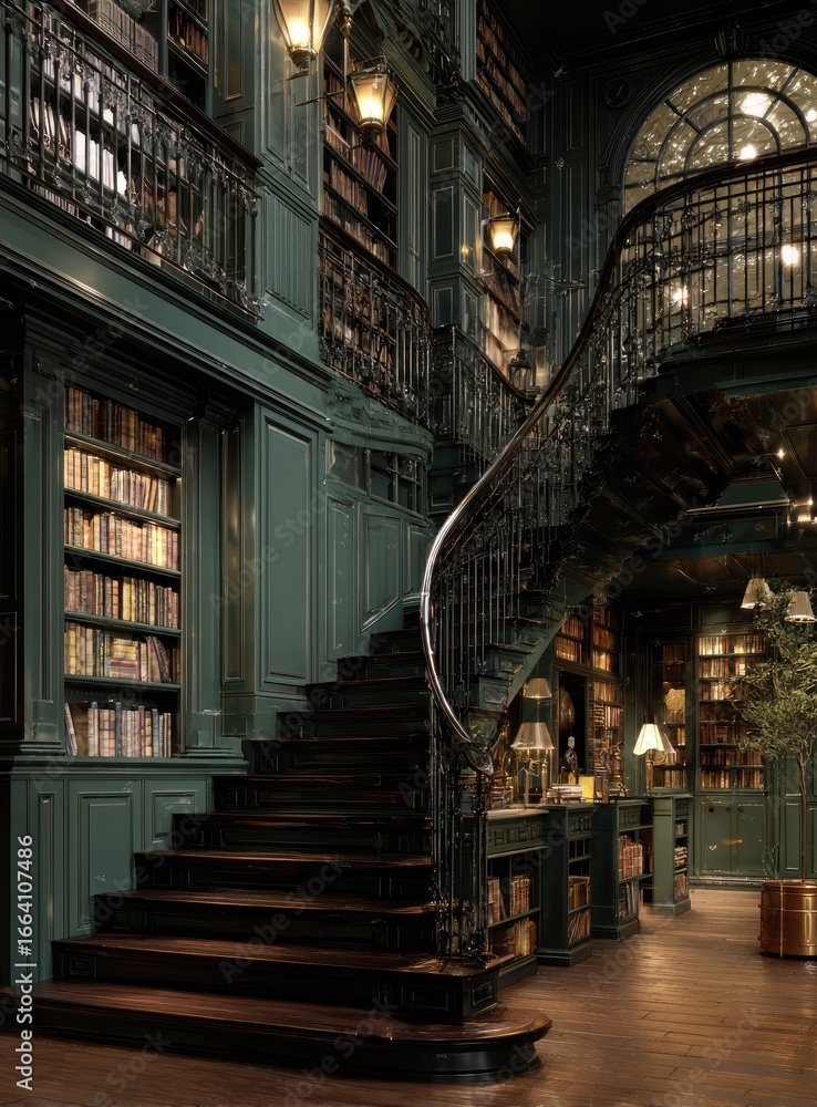 Obraz premium Dark, ornate library spiral staircase; bookshelves, lamps, and arched window background; inspiring/aesthetic use
