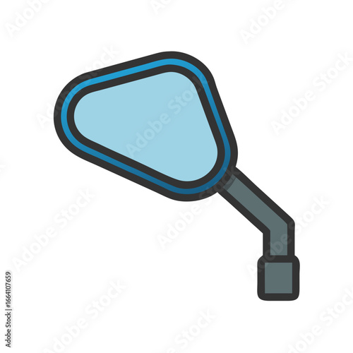 Stylized motorcycle mirror illustration with blue tint against a black background
