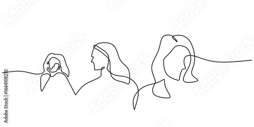 Three Diverse Women Faces, Continuous One Line Drawing for Womens Day