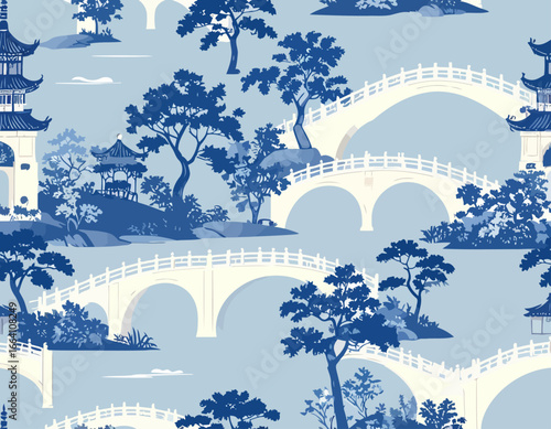 Blue and White Asian Landscape Pattern with Bridges and Pagodas