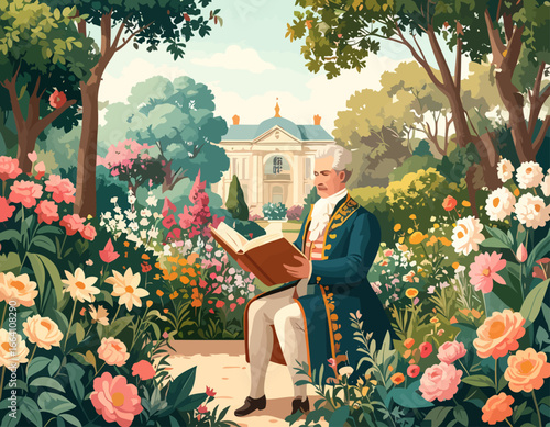 An elegant elderly man in a blue 18th-century coat with gold trim, sitting and reading a book.