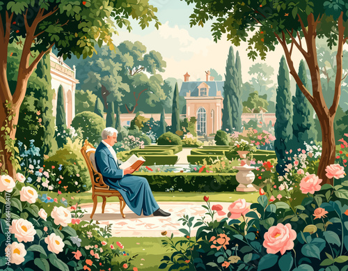 Man in Blue Robe Reading Book on Golden Chair in Garden