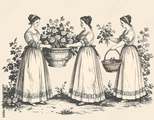 Vintage engraving-style illustration of three women in period dresses arranging flowers in a garden.