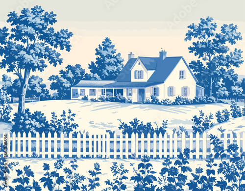 Rustic Countryside Home with White Picket Fence in Blue and White Style