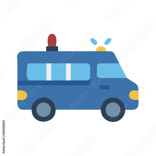 Blue police car illustration with siren light, flat design style on black background