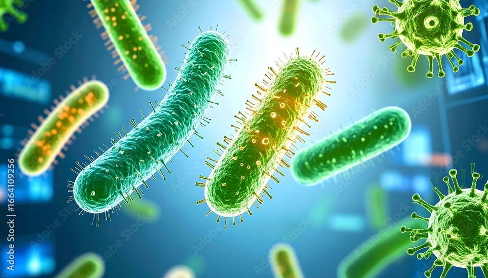 Naklejka premium Brightly colored microscopic bacteria and viruses in a scientific medical illustration.