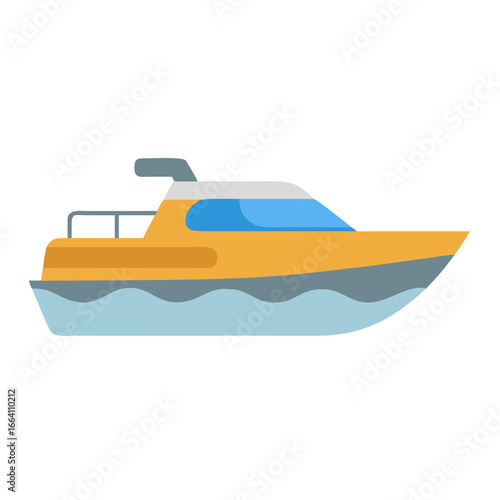 Stylized yellow motorboat on gentle ocean waves against black background illustration