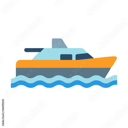 Flat vector illustration of a motorboat sailing across the ocean waves