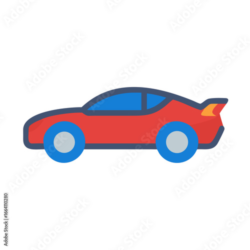 Cartoon red sports car with blue rims and window on black background