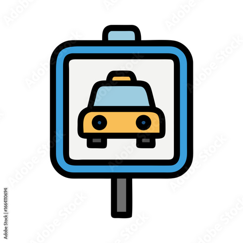Illustrated taxi stop sign with yellow car on a light blue background