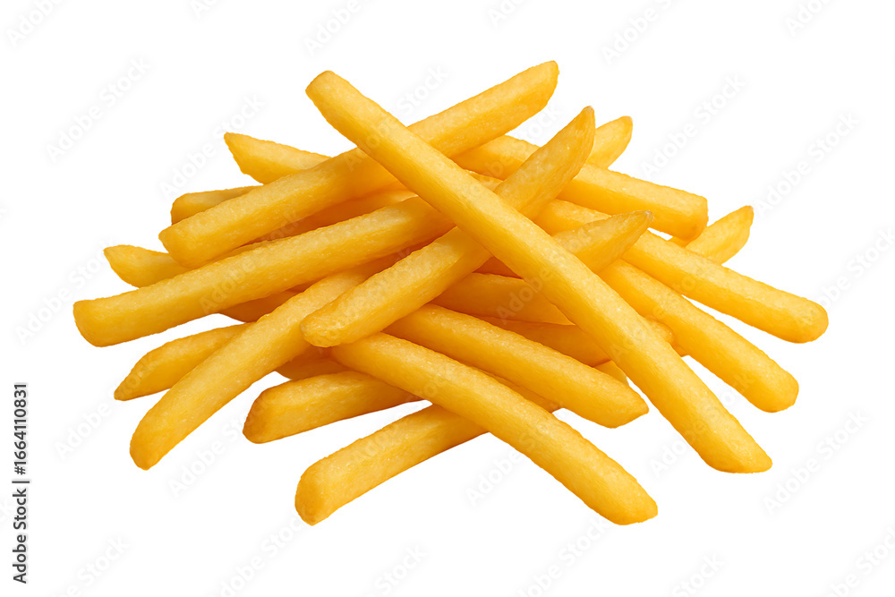 Fototapeta premium A perfectly golden and crispy pile of french fries stacked on top of each other, isolated on a transparent background