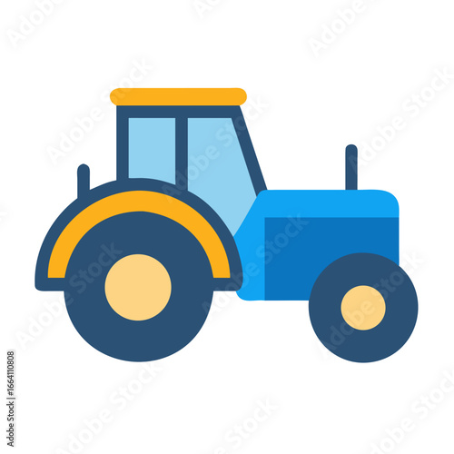 Stylized flat vector illustration of a blue and yellow tractor isolated on black