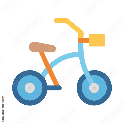 Flat illustration of a colorful children's tricycle on a black background.