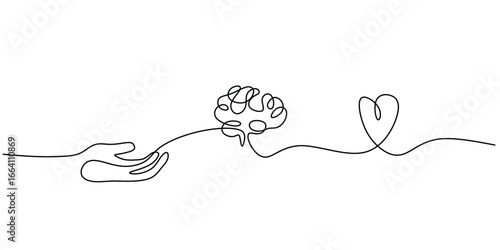 Brain, Heart, and Hand Connected, Continuous Line Art for Health Awareness