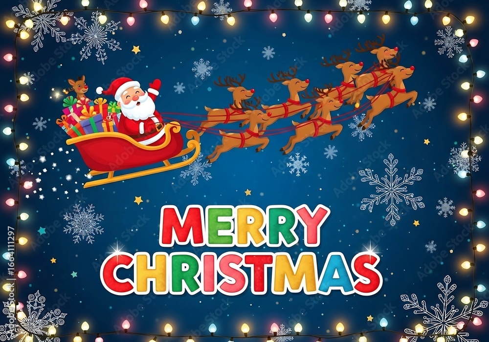 Fototapeta premium Merry Christmas - Santa and Reindeer Sleigh Flying in the Night Sky