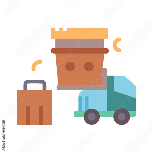 Coffee delivery service with truck and bag in flat illustration style