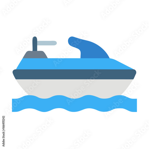 Stylized blue and white jet ski vector illustration on water with simple design
