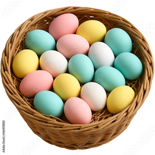 Wallpaper Mural A wicker basket filled with colorful pastel eggs in shades of blue, pink, and yellow, resembling decorated Easter eggs or a cute prop, isolated on a transparent background Torontodigital.ca