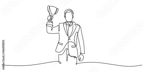 Business Trophy Lift Line Illustration for Success Metaphor