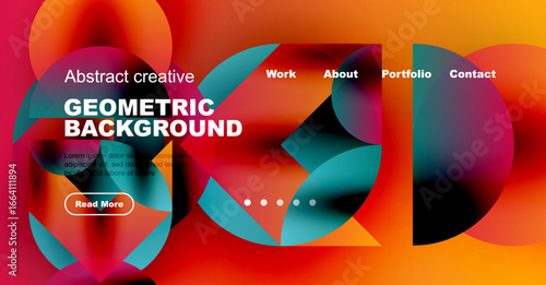 Vibrant abstract design. Geometric shapes blend with colorful gradients. Website header includes navigation options, text, button.