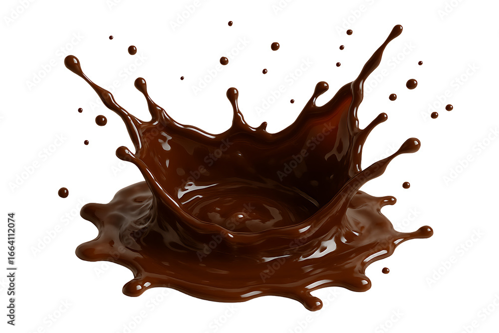 Fototapeta premium A high-speed chocolate splash and crown with liquid drops, isolated on a transparent background
