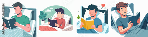Cartoon Style Illustration of Man Reading Book Before Bed Time