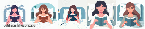 Modern Flat Illustration of Woman Reading a Book Before Sleep Activity