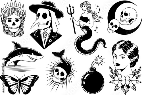 Dark Gothic Illustration Bundle | Mystical & Occult skull woman, plague doctor, mermaid  vector bundle